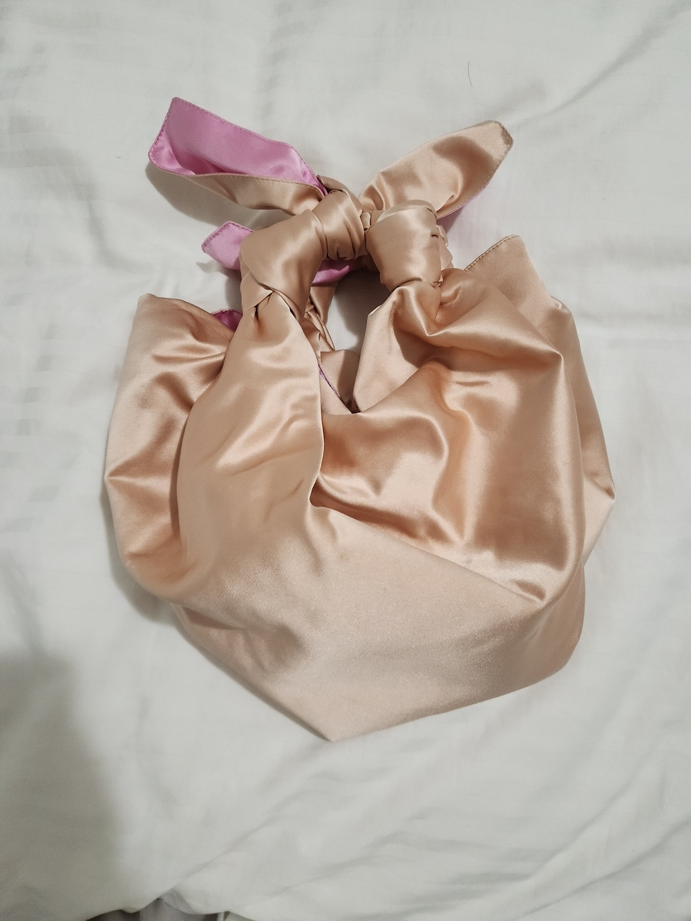 Peach Satin Knot-Handle Shoulder Bag with Pink Accent - Picture 2 of 11